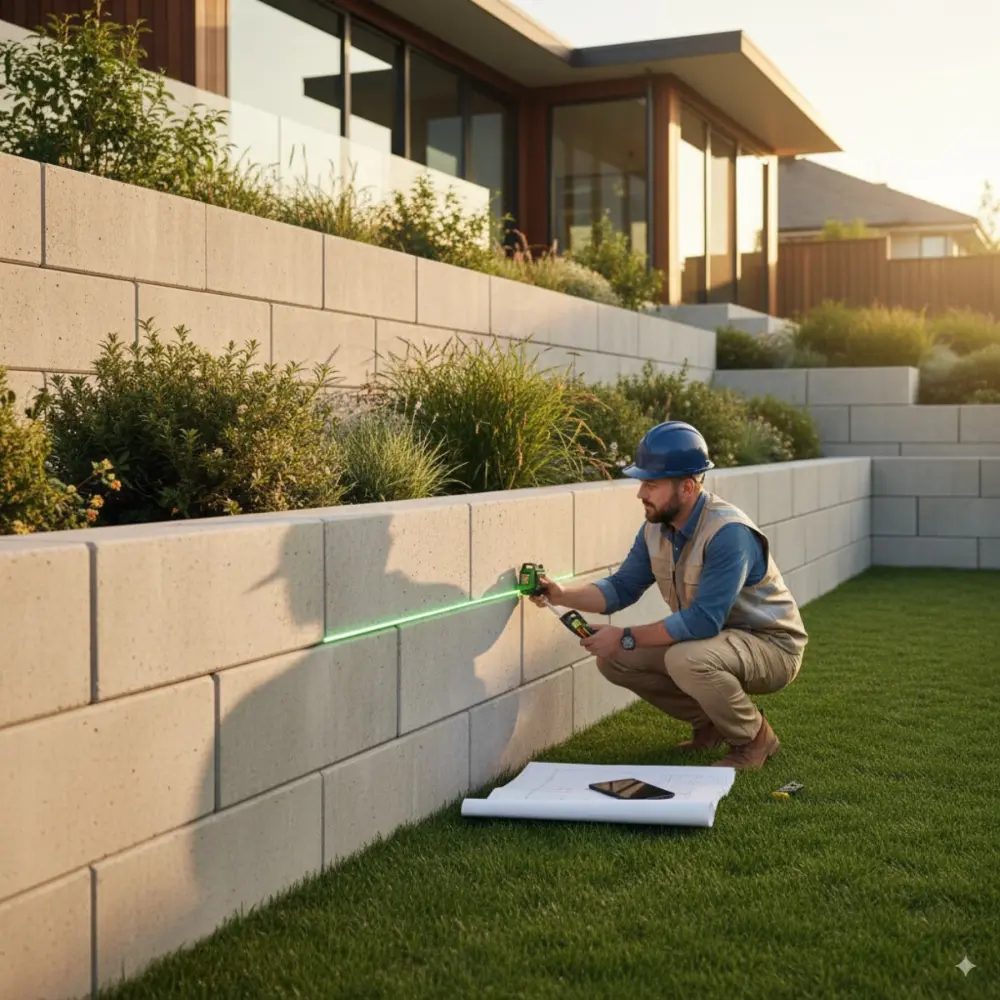 Field professional examining a finished residential retaining wall
