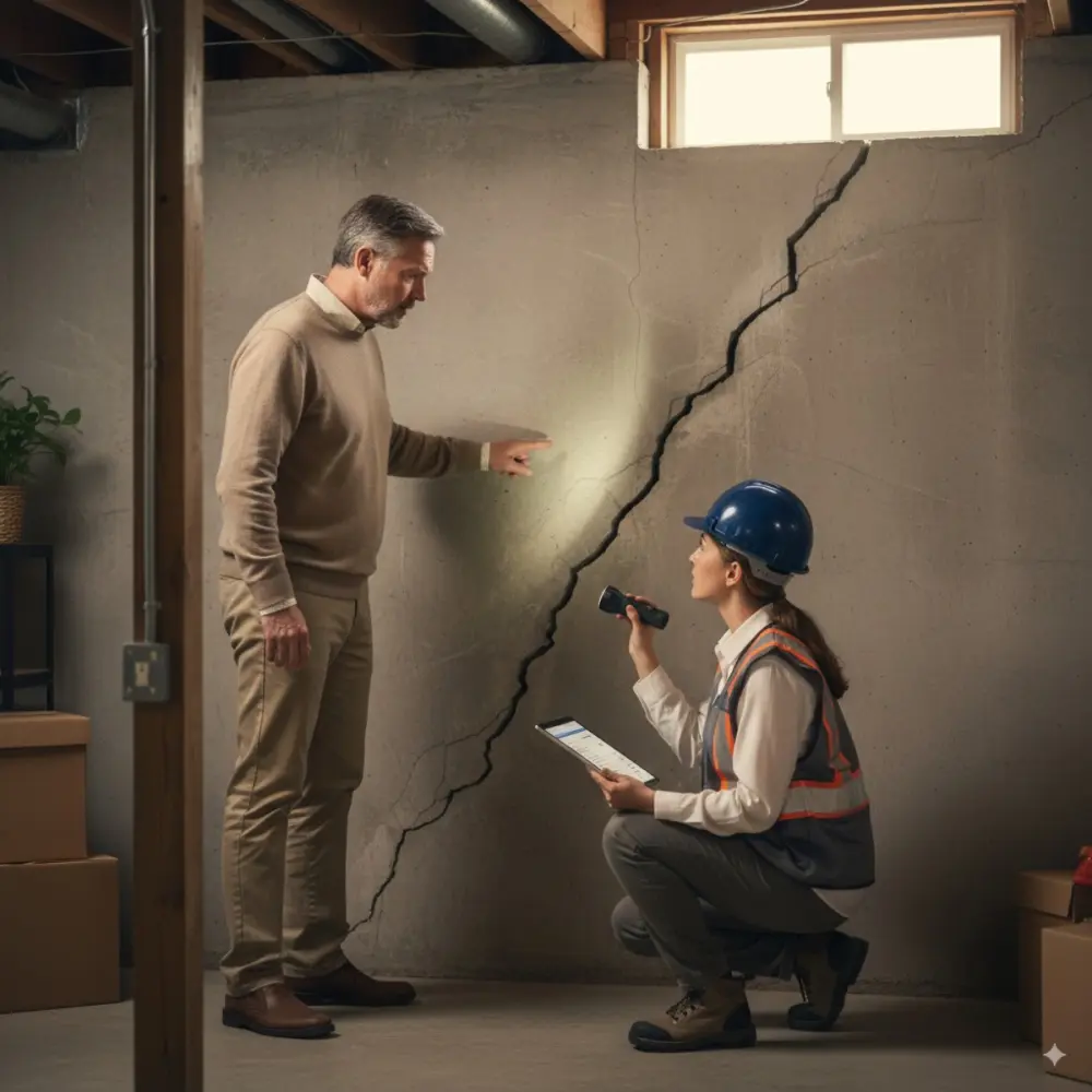 Homeowner and field professional examining a visible crack near a residential foundation