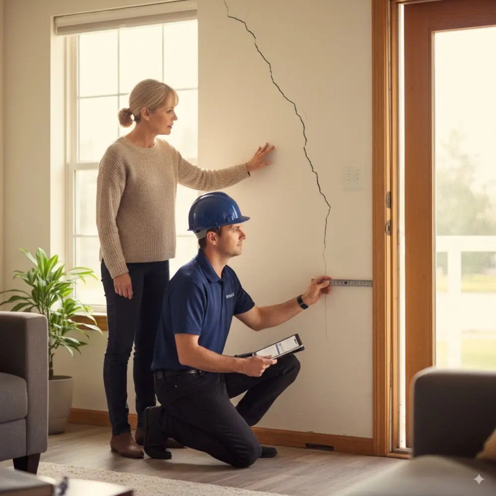 Homeowner pointing out a wall crack while a field professional documents the condition