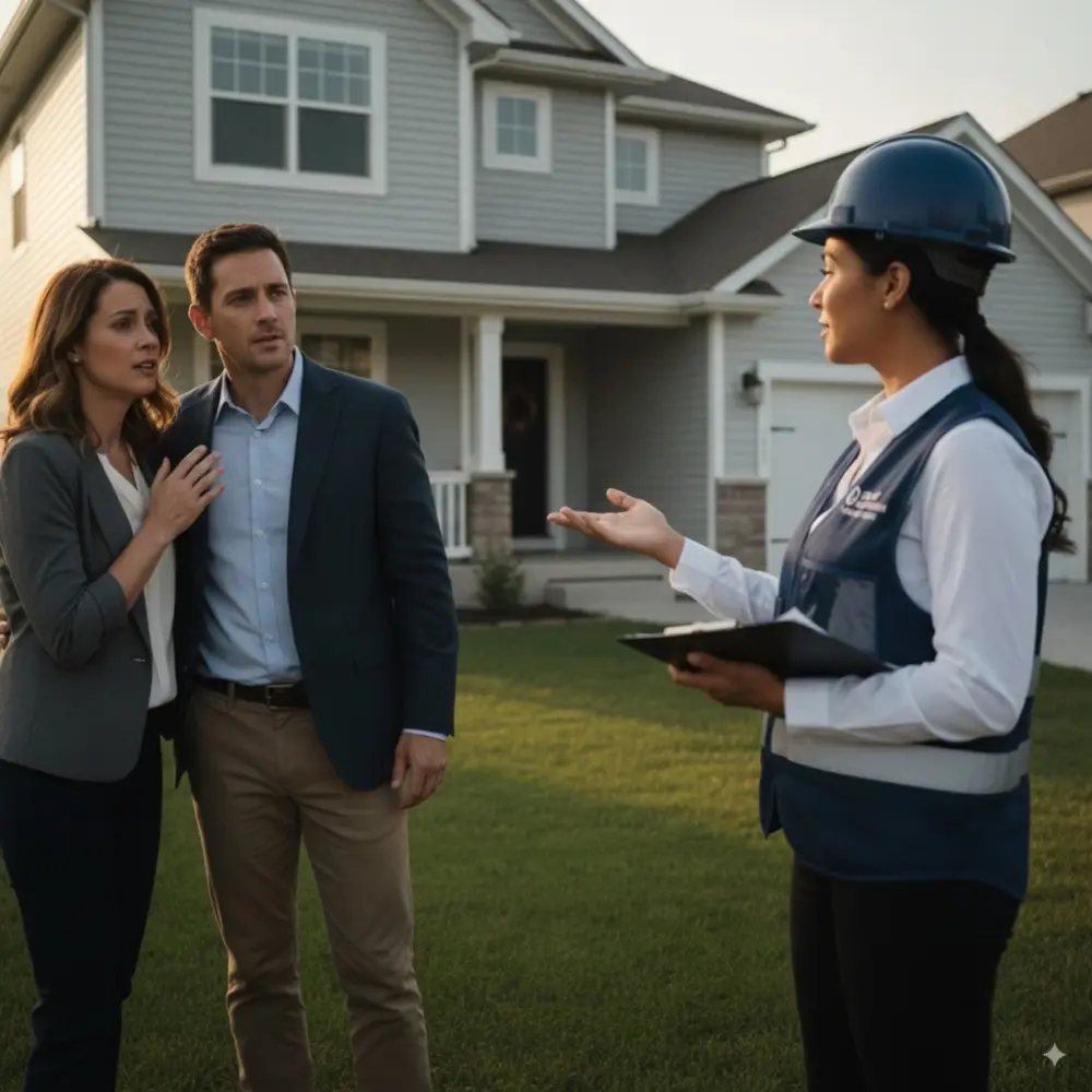 Field professional discussing property findings with homeowners outside their home