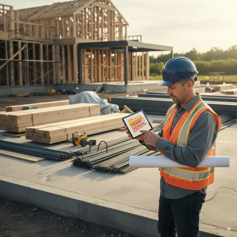 Field professional reviewing materials at an active residential framing project
