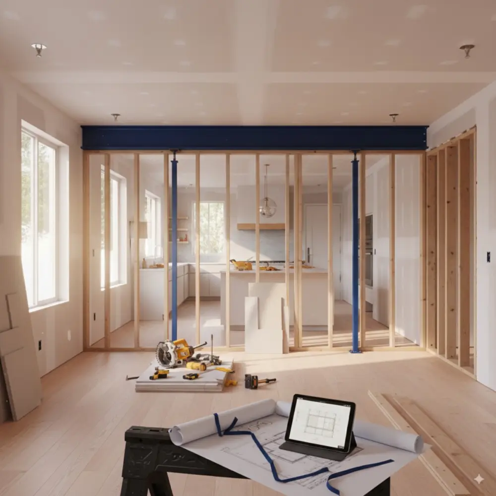 Exposed interior wall framing during a residential remodel