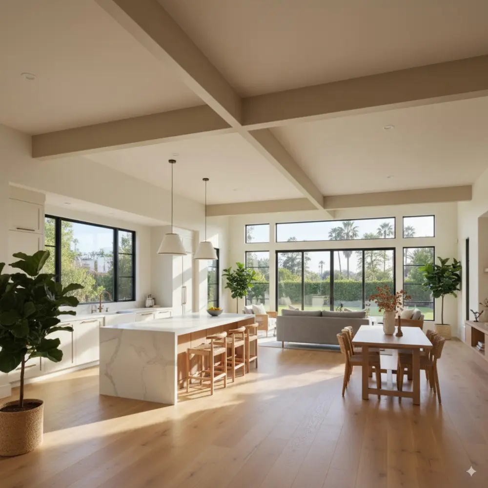 Finished open-plan kitchen and living area with a beam integrated into the ceiling