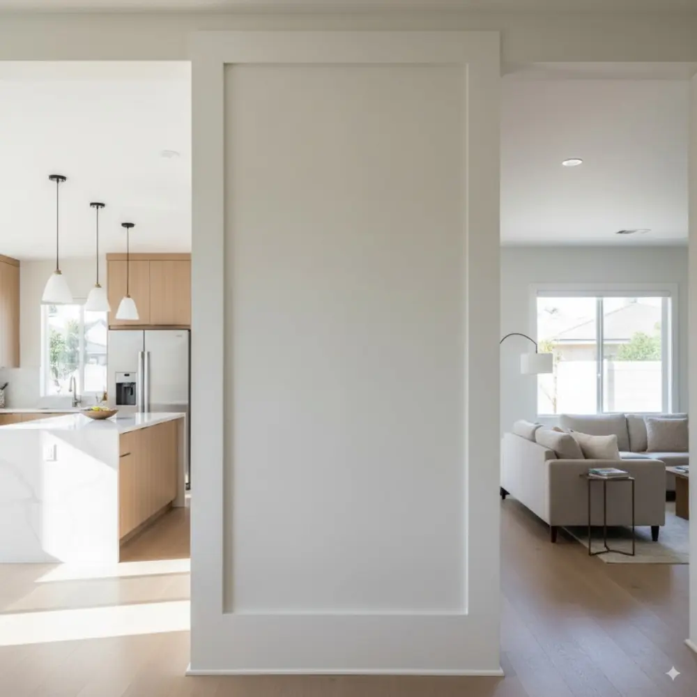 Finished open-plan kitchen and living area separated by a remaining support wall