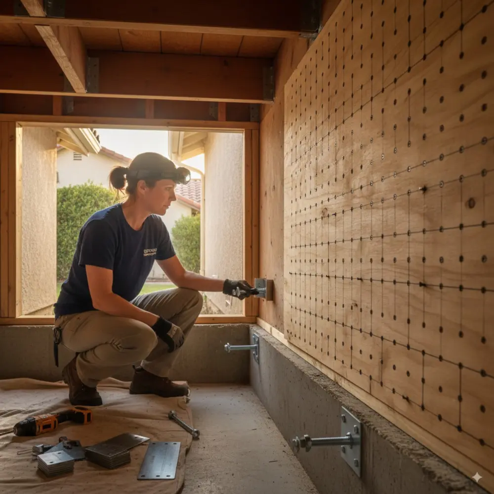 Contractor installing plywood sheathing on a residential retrofit wall