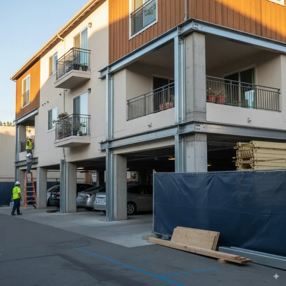 Multi-unit building with an open first-story parking level