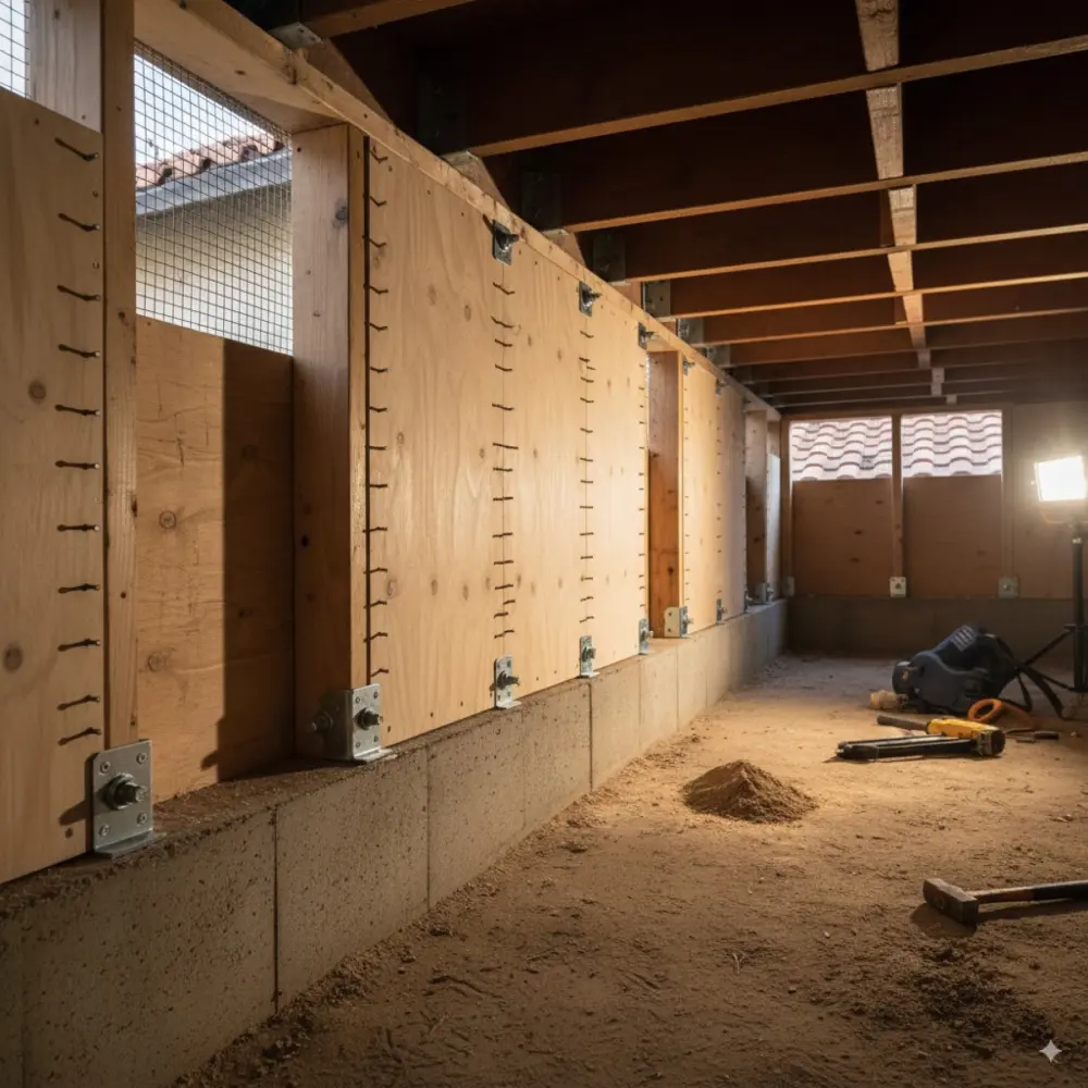 Plywood-sheathed retrofit wall with repeated framing bays and foundation anchorage