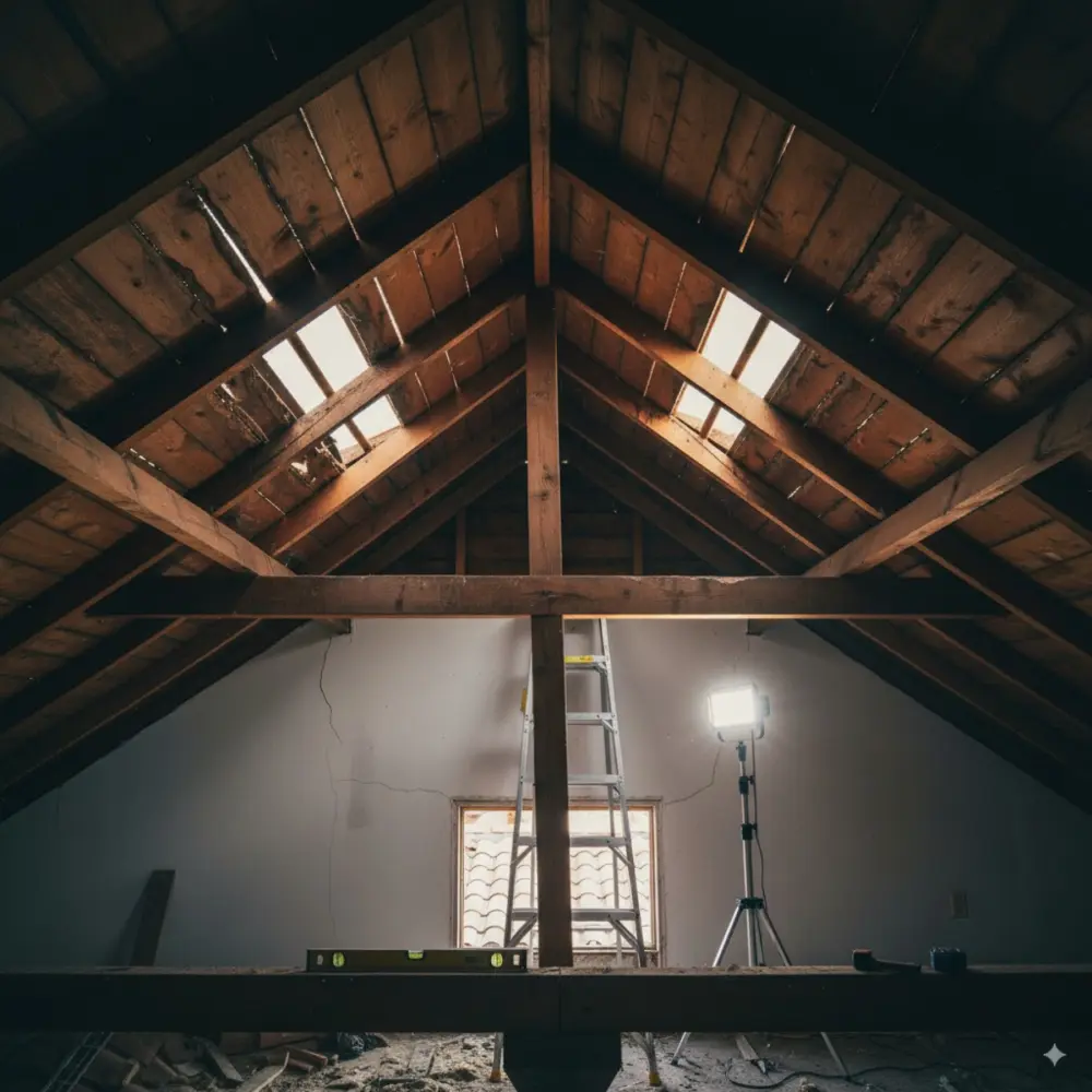Accessible attic with exposed rafters, ties, and roof framing