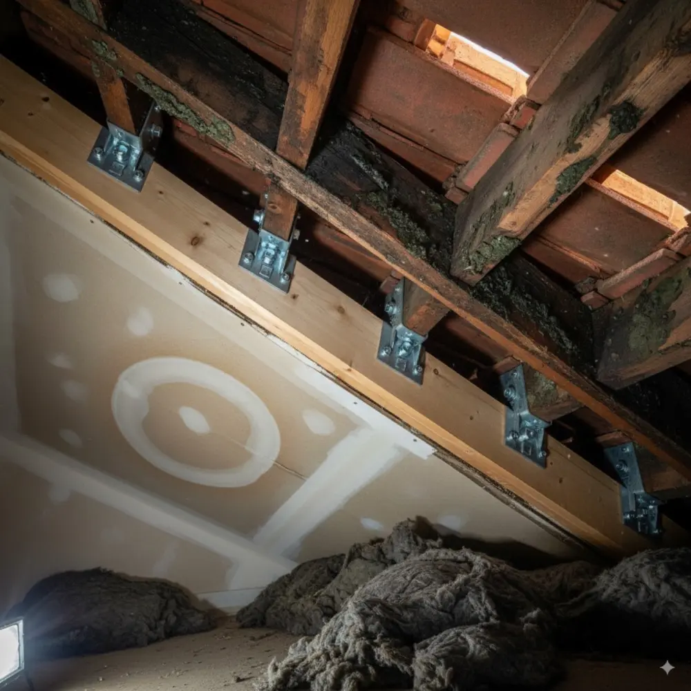 Exposed roof beams and metal framing connections inside a building