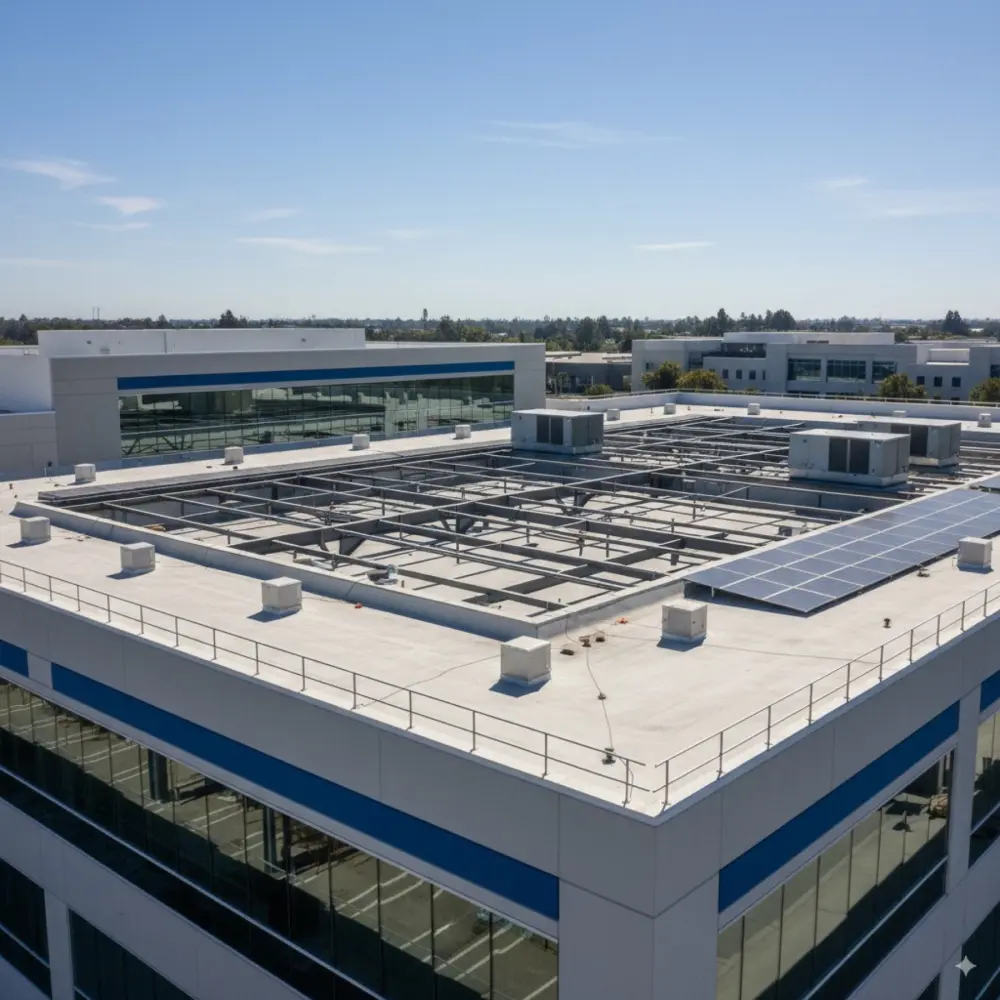 Commercial rooftop with equipment support areas and roof framing below