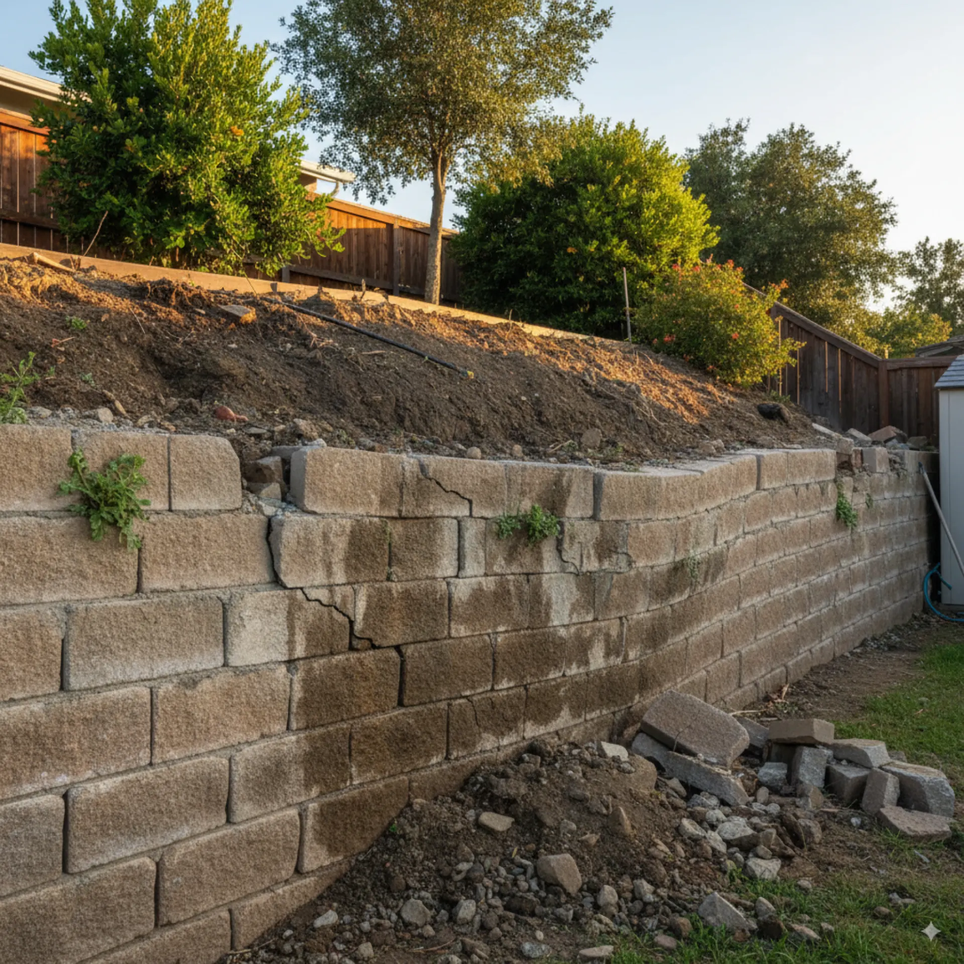 Existing residential block retaining wall beside a sloped yard