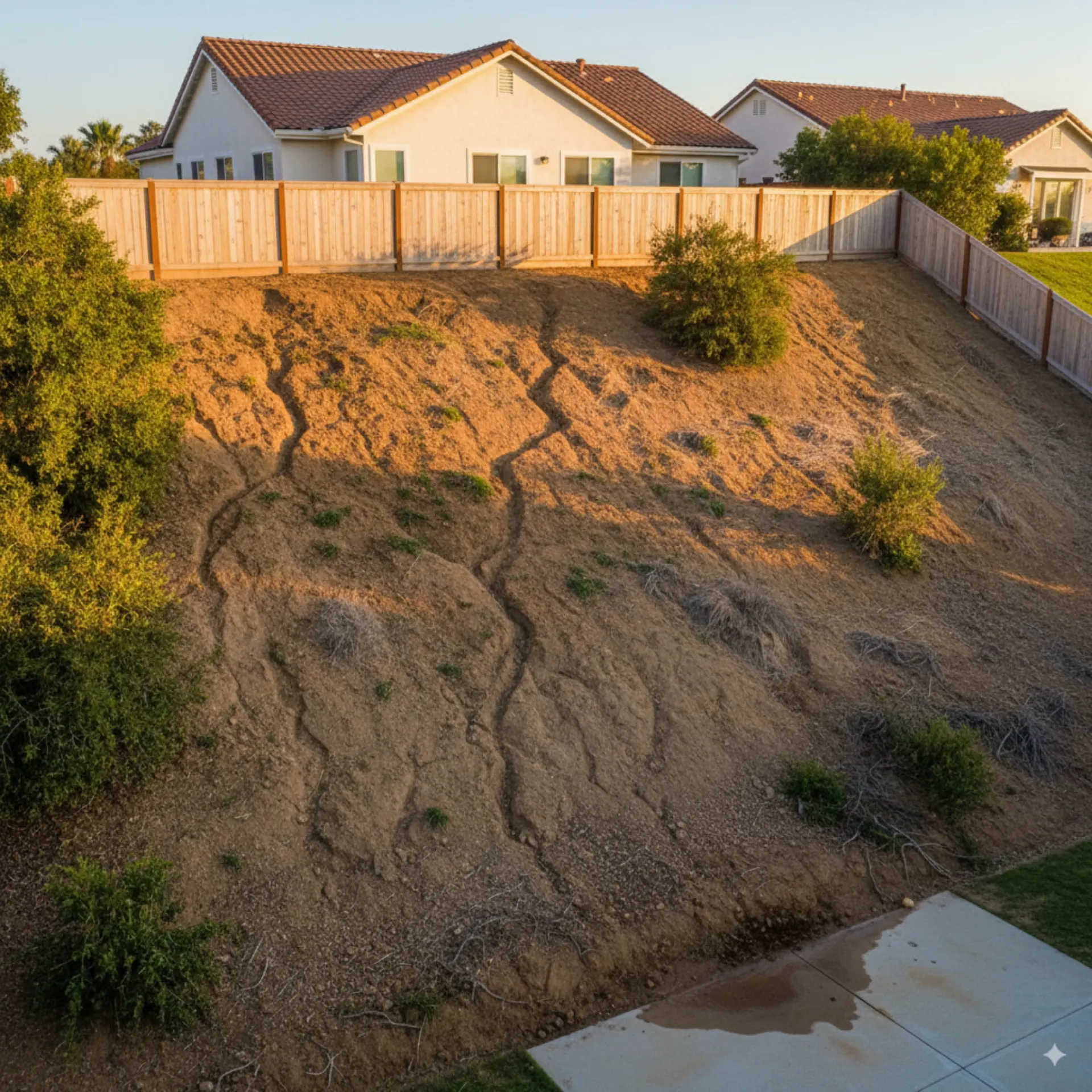 Residential slope and fencing above a graded Orange County property