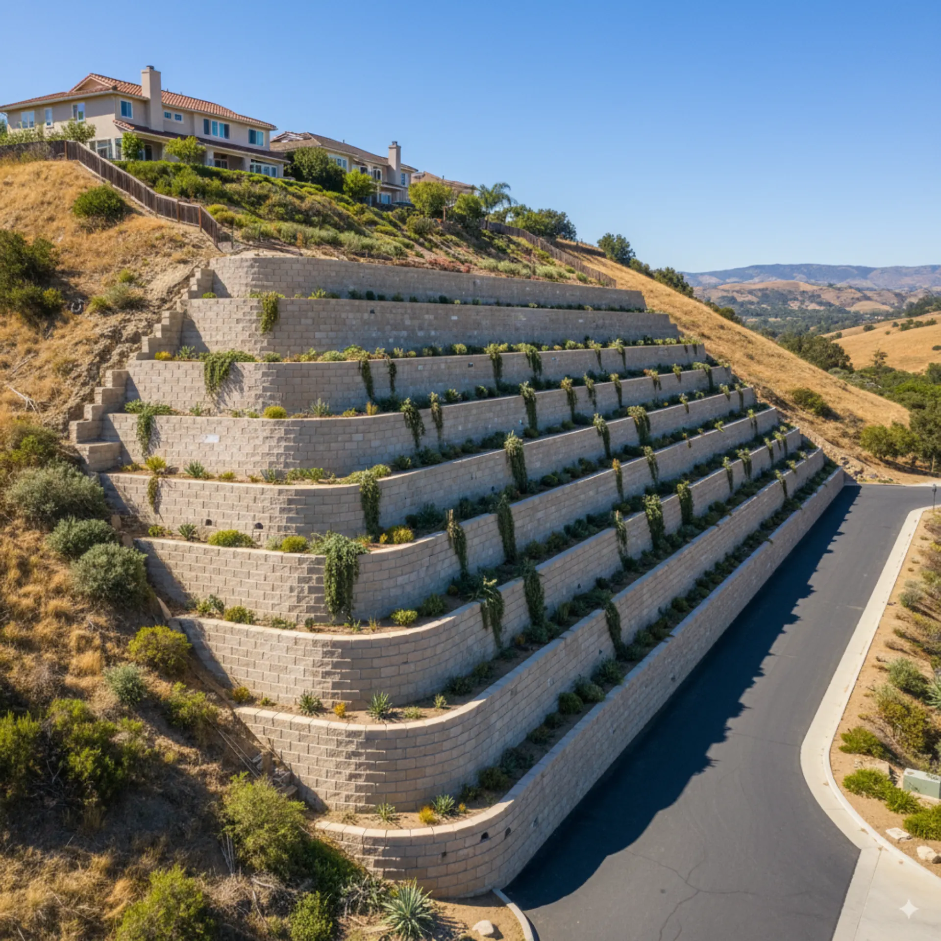 Terraced retaining wall system supporting a developed hillside