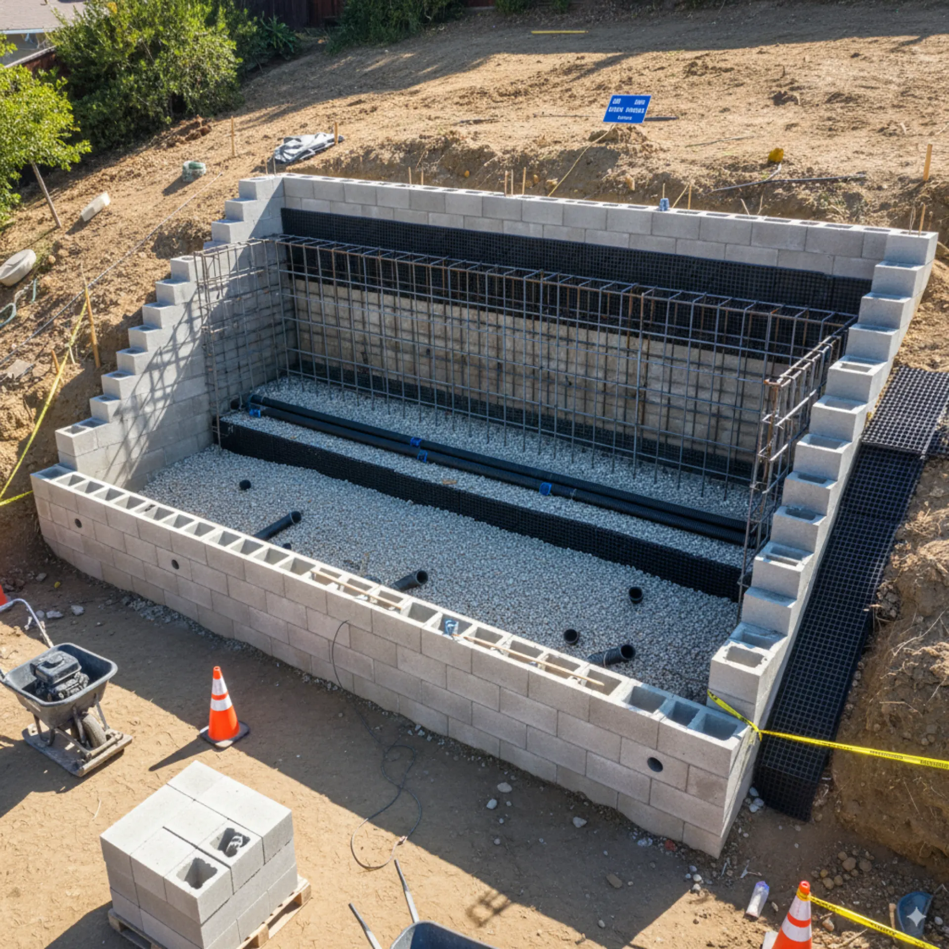 Reinforced masonry retaining wall under construction with steel and footing visible