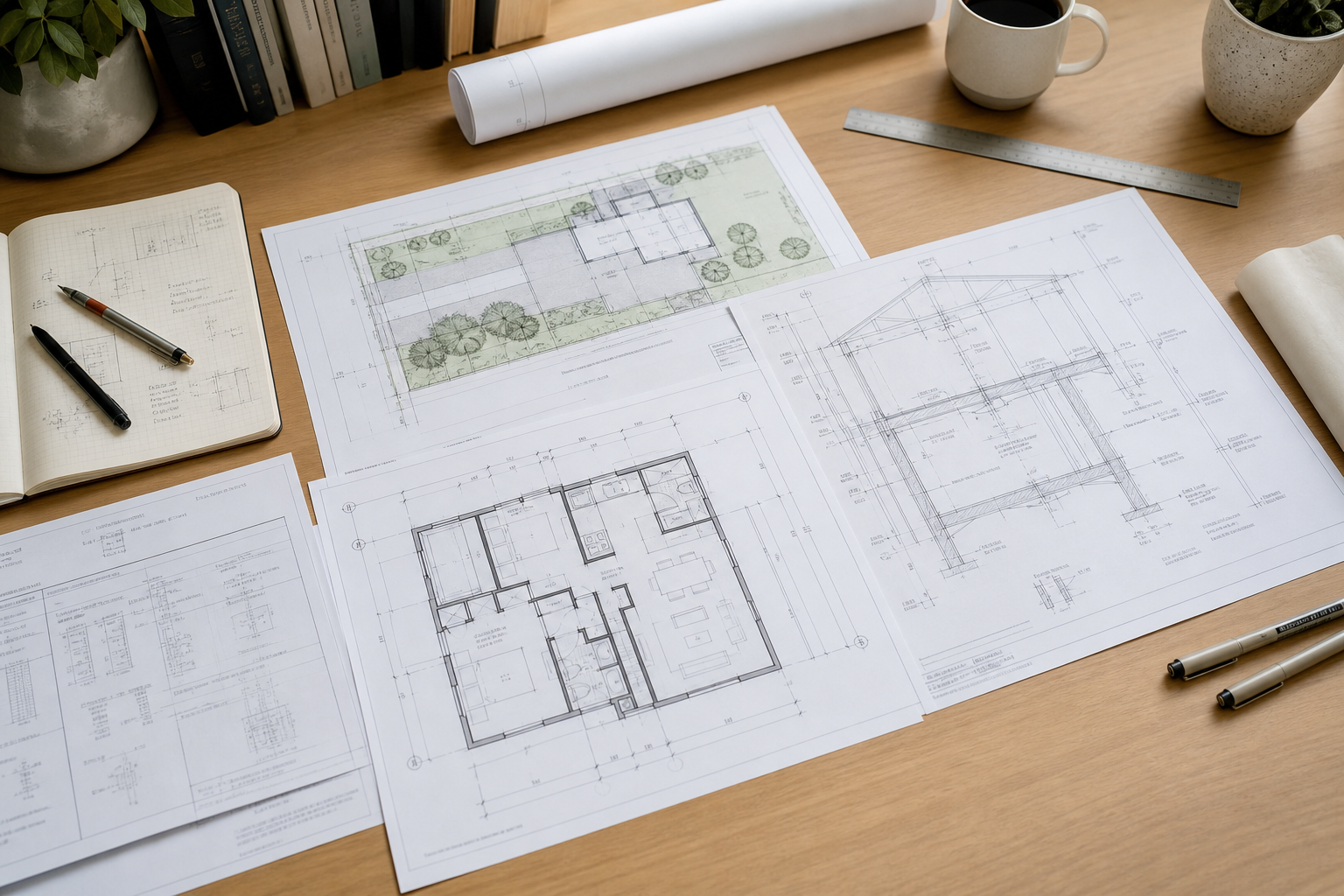ADU site plan, floor plan, structural drawings, and calculations arranged on a desk