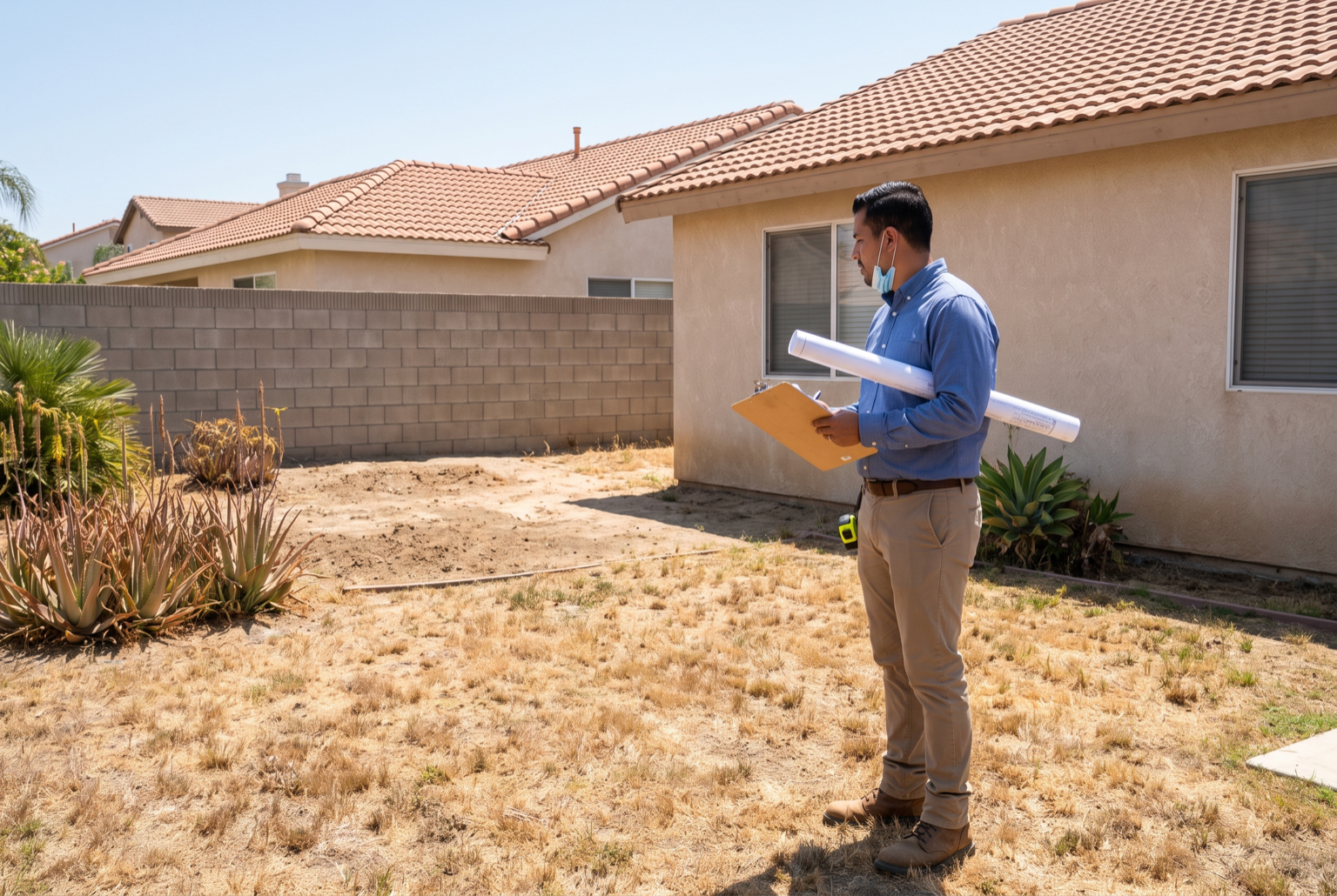 Homeowner and project professional reviewing a backyard location for an ADU
