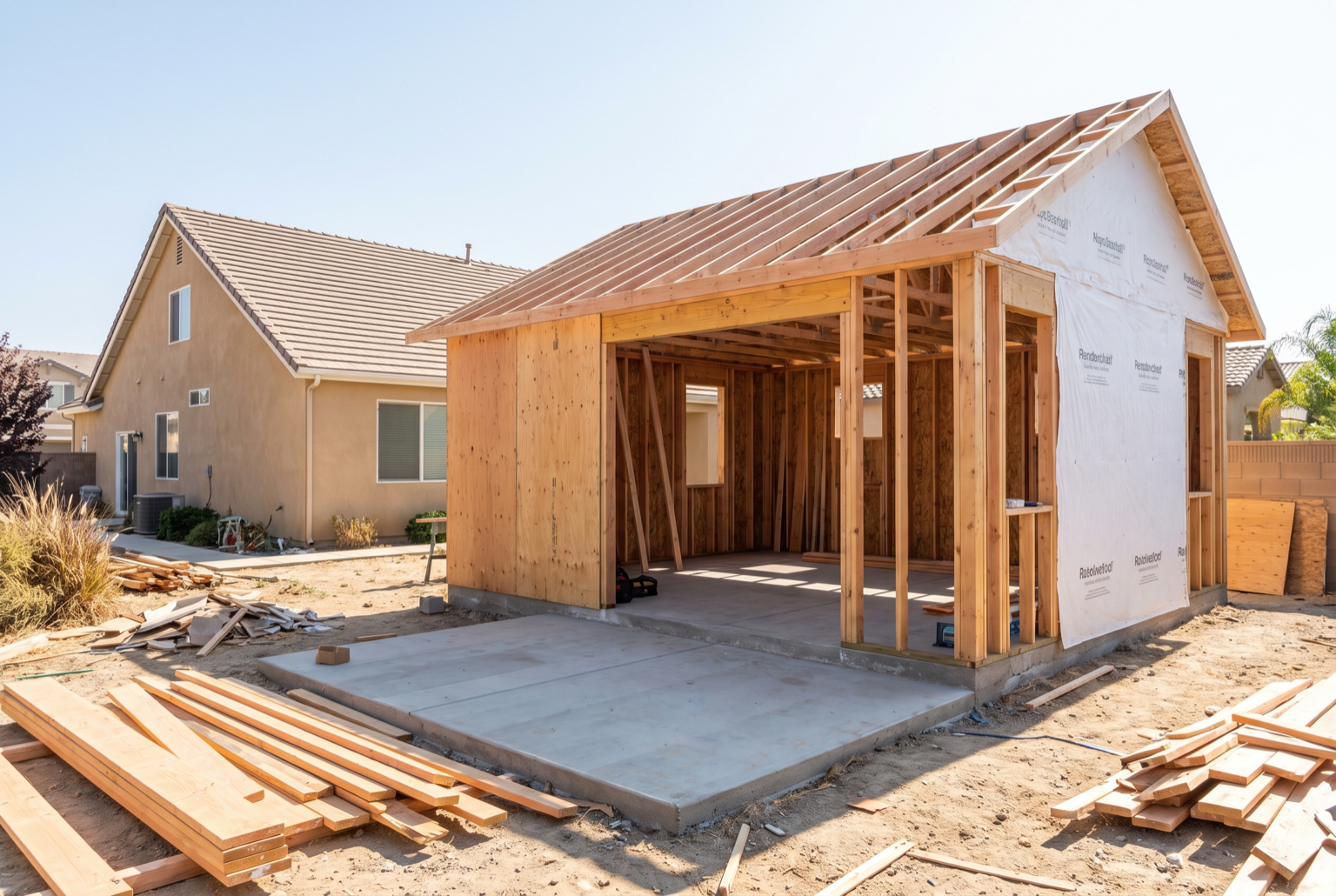 Detached backyard ADU under construction with a poured slab, wood stud framing, and roof rafters