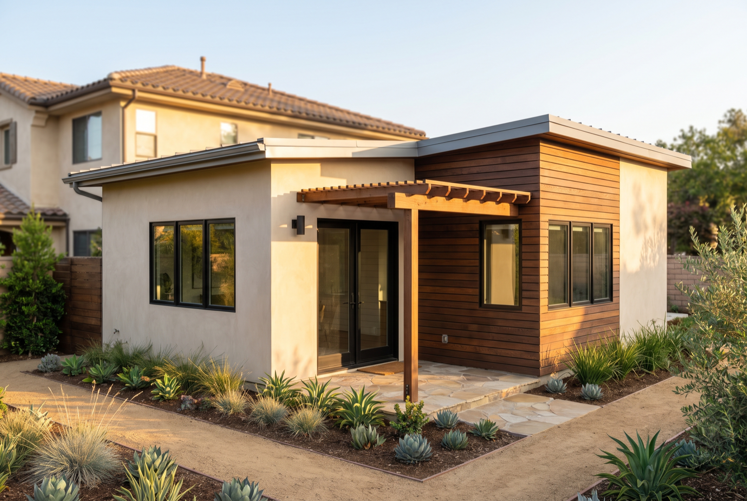 Completed modern detached backyard ADU cottage with stucco and wood-slat siding and drought-tolerant landscaping