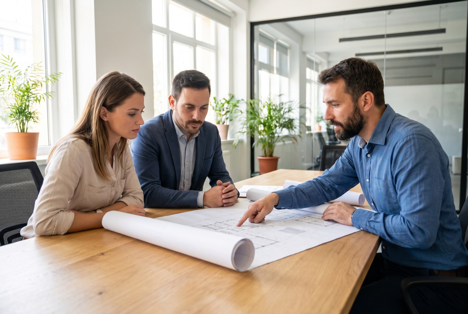 Homeowner and design professional reviewing a completed home addition