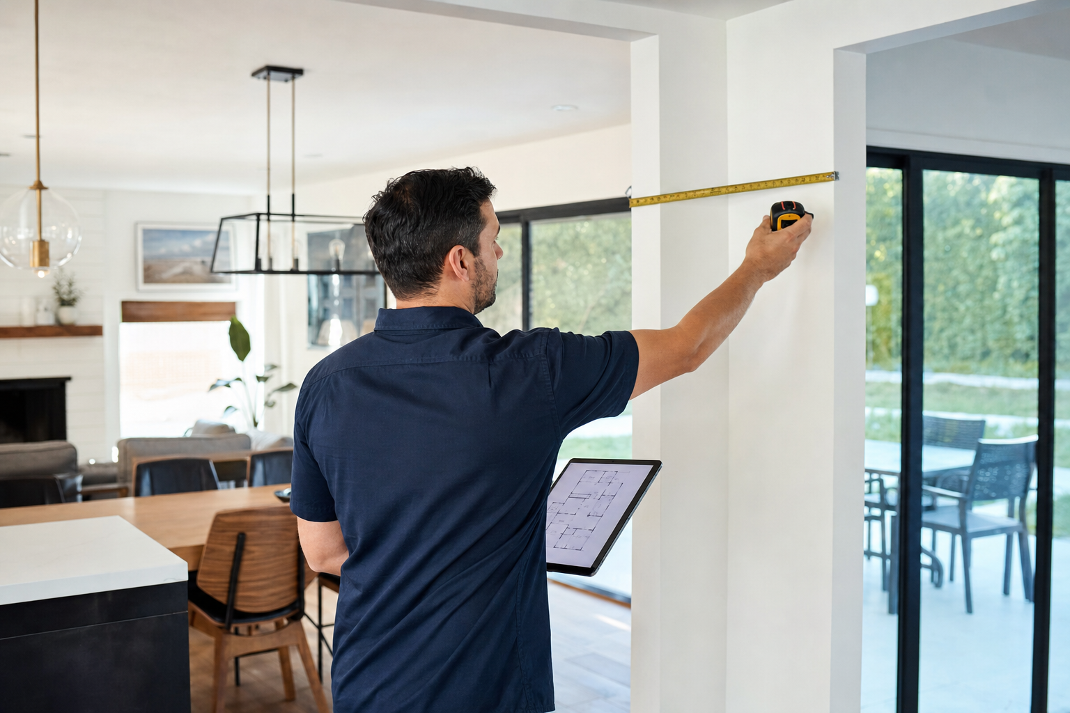 Design professional measuring an opening while referencing an existing floor plan