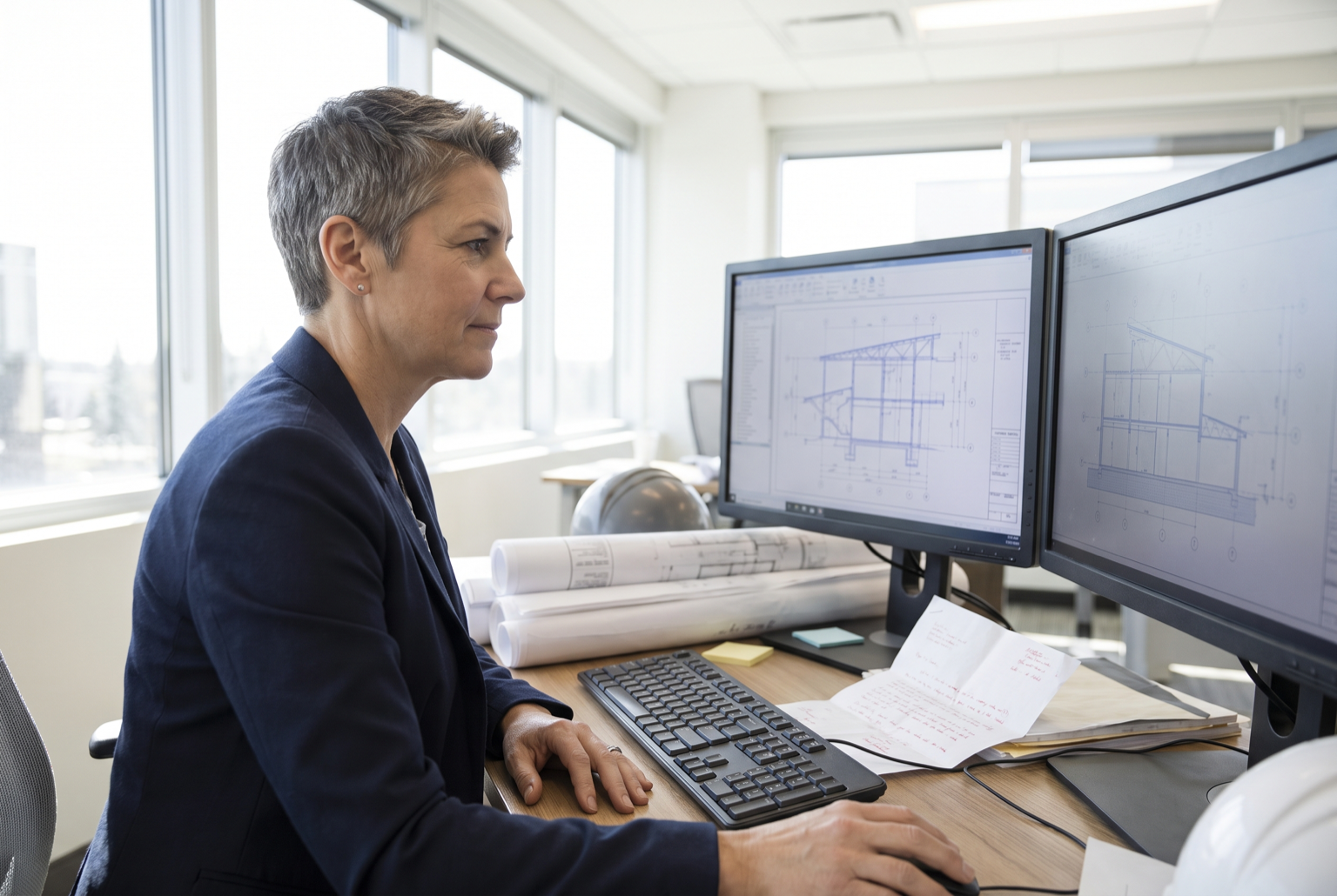 Professional at dual monitors preparing permit documents beside rolled plans and a correction letter