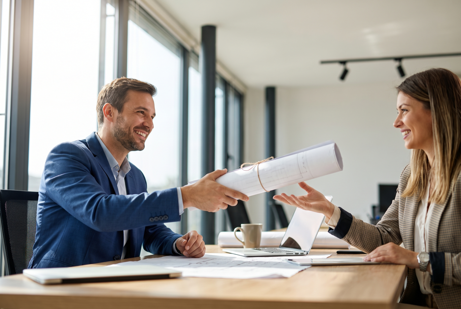 Homeowner and Professional Engineer reviewing an organized plan package