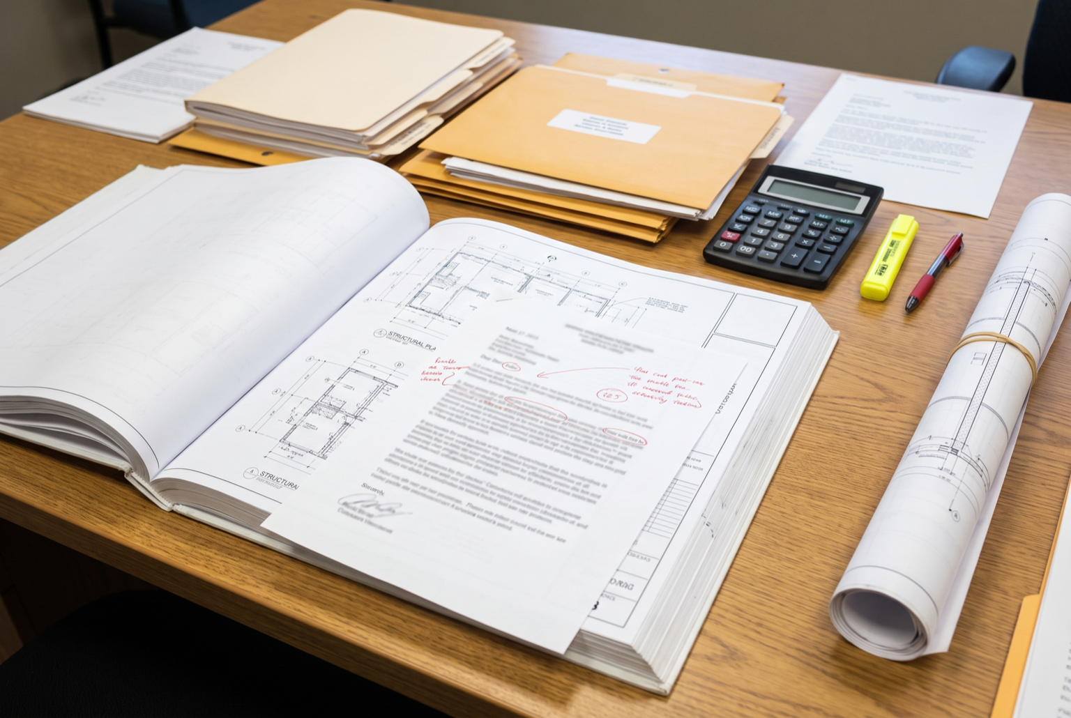 Professional Engineer organizing plans and agency comments for permit review