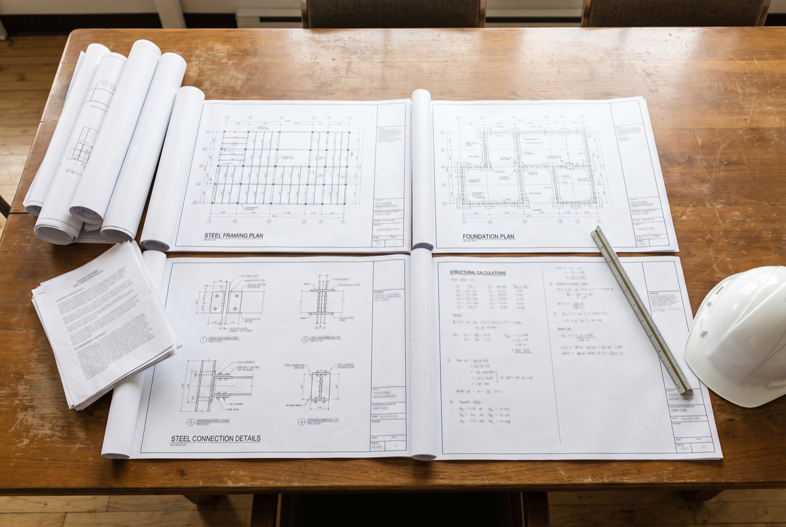Commercial structural drawing set with framing, foundation, and connection plans and calculations