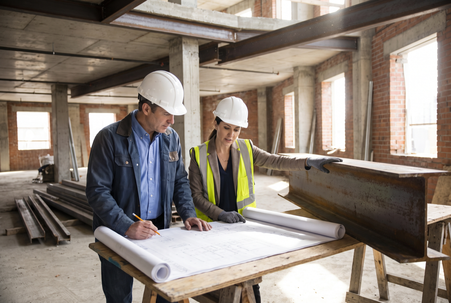 Two professionals in hard hats reviewing plans beside an exposed steel column during a commercial renovation