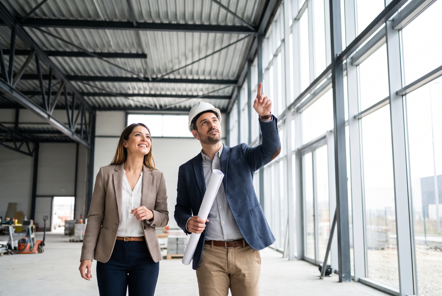 Professional and business owner looking up at the exposed steel roof structure of a commercial space
