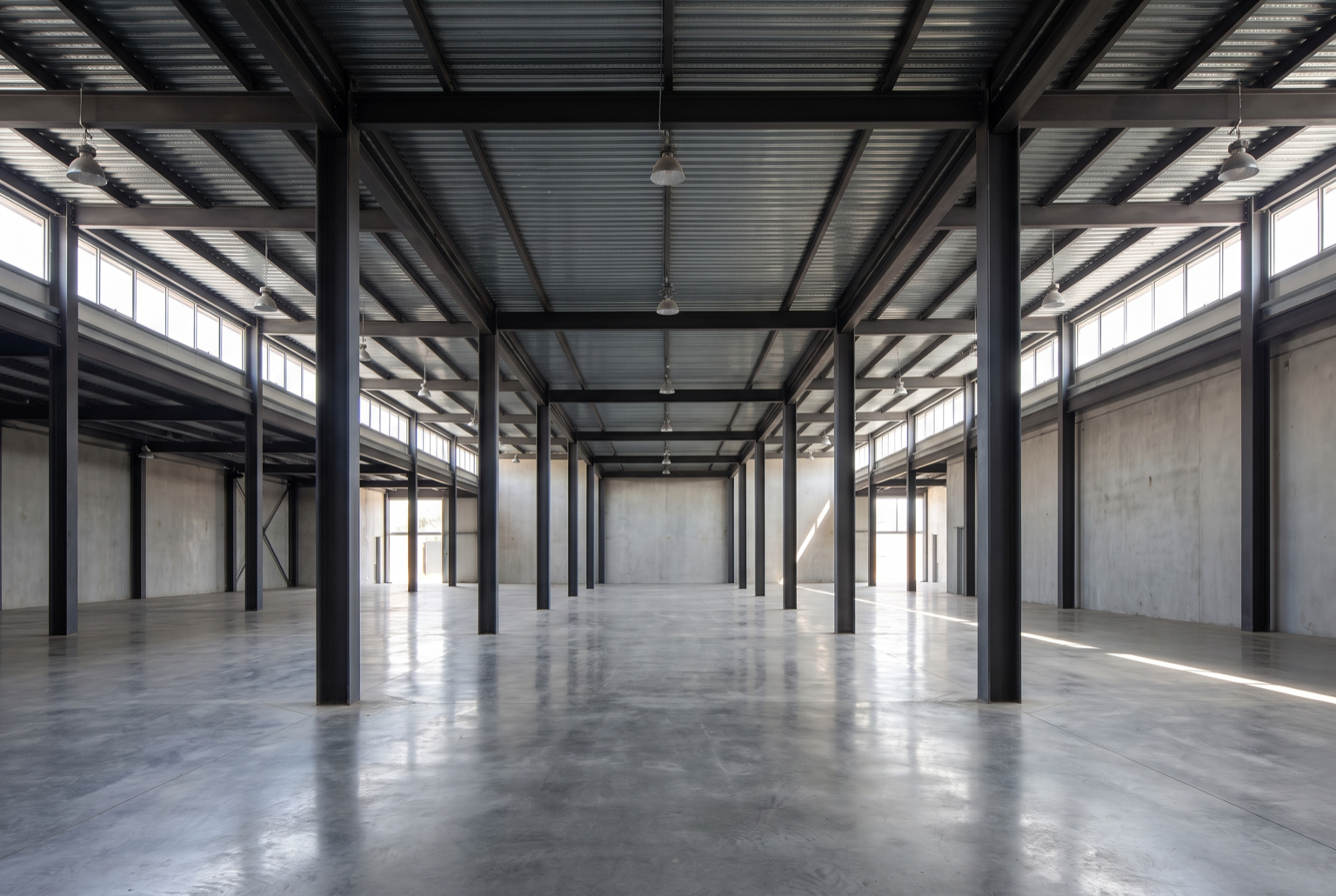 Open commercial building shell with exposed steel columns, beams, and a metal roof deck