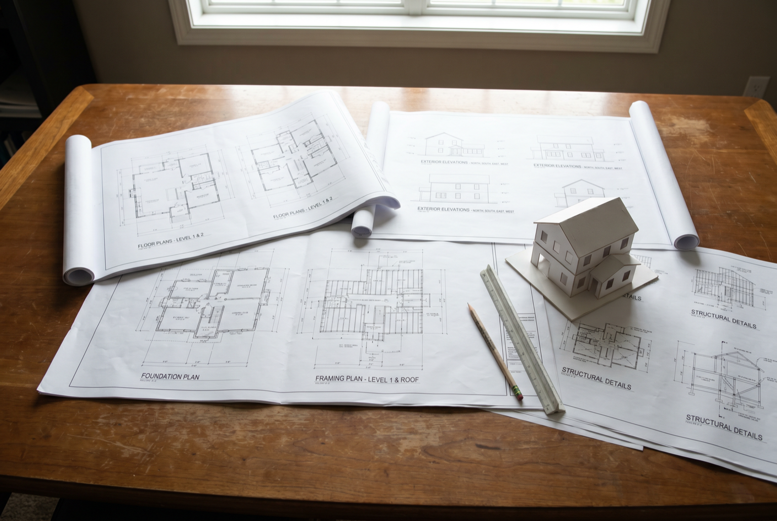 Coordinated custom-home plan set with elevations, framing plans, details, and a massing model