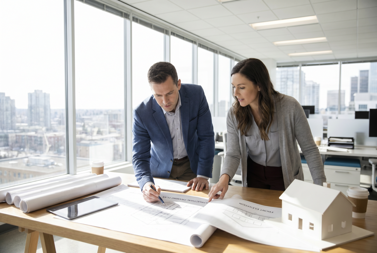 Two professionals reviewing custom-home framing plans and a massing model in an office
