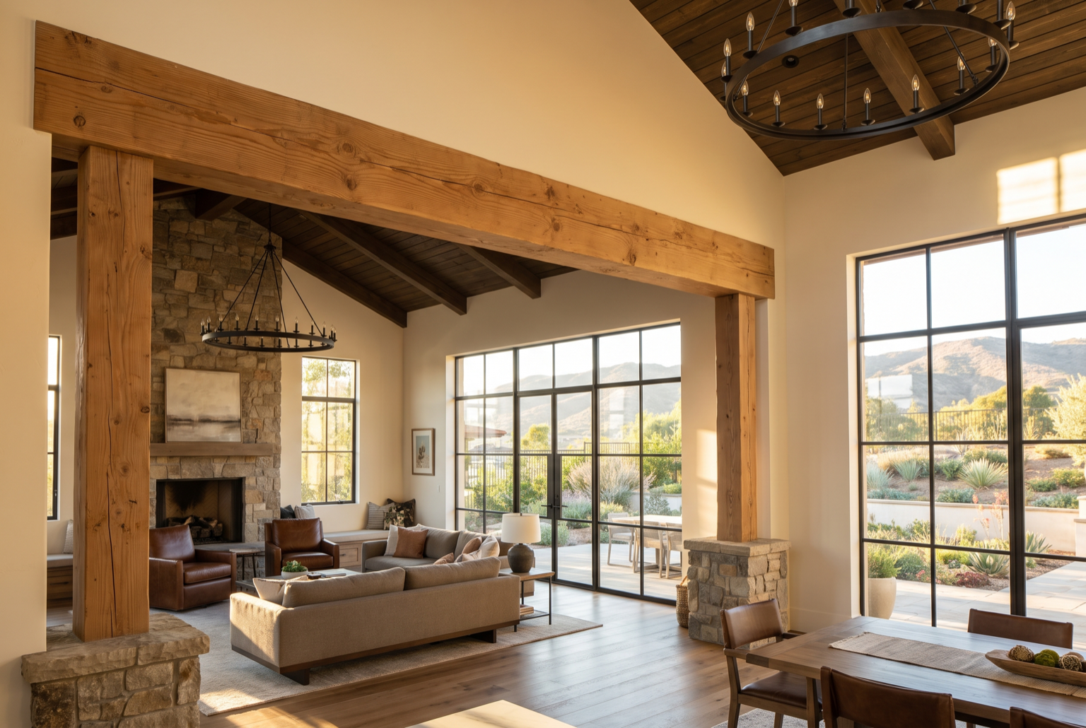 Custom-home great room with an exposed engineered beam supported on posts and floor-to-ceiling windows