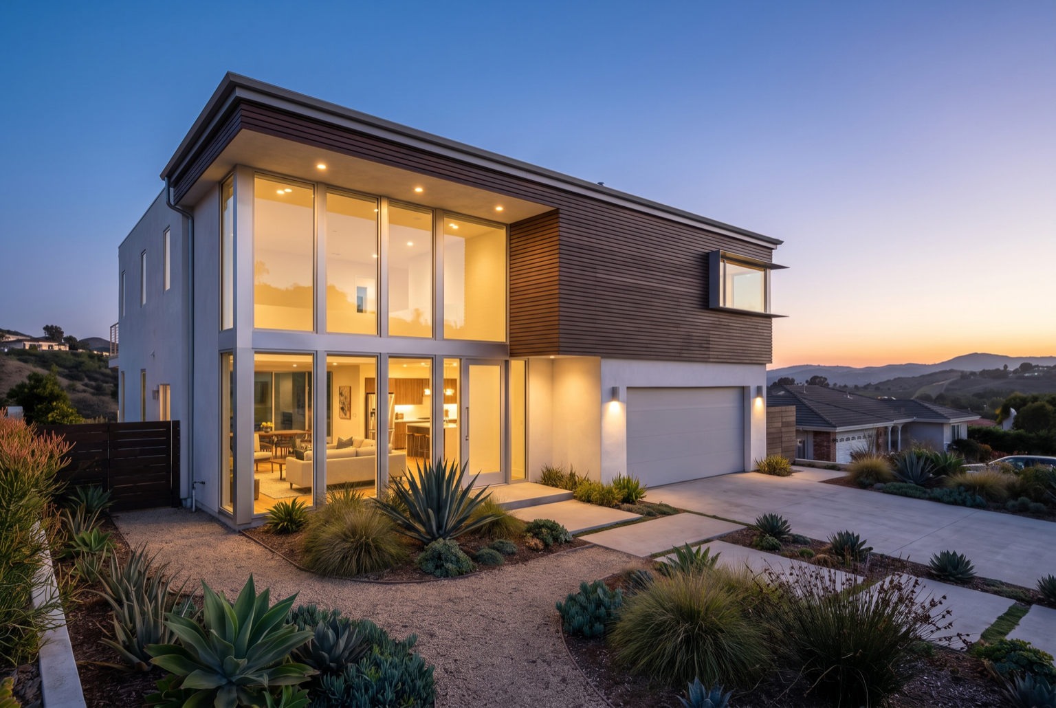 Completed modern two-story custom home at dusk with warm-lit windows and wood accents