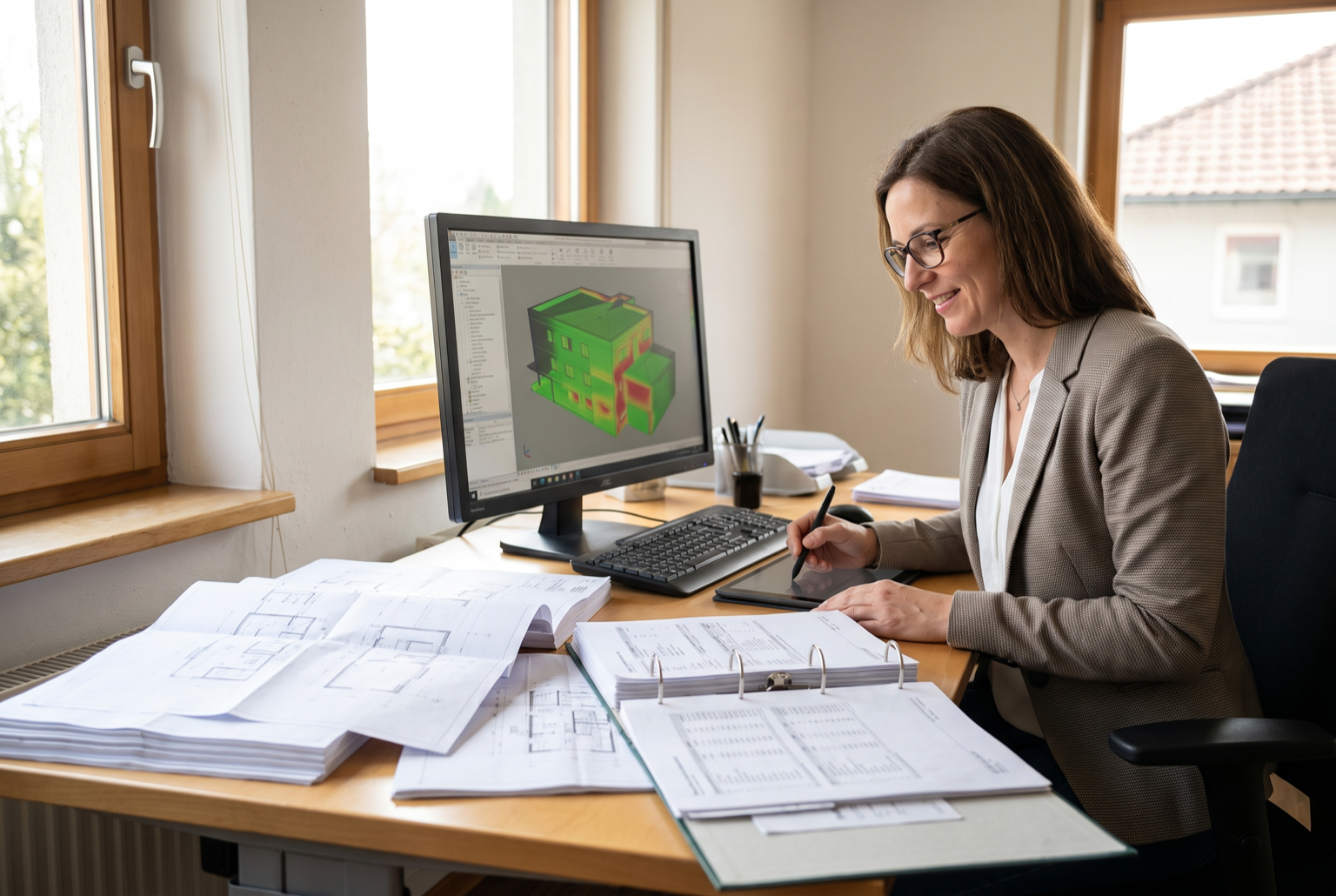 Project consultants comparing energy-system and envelope choices against plans