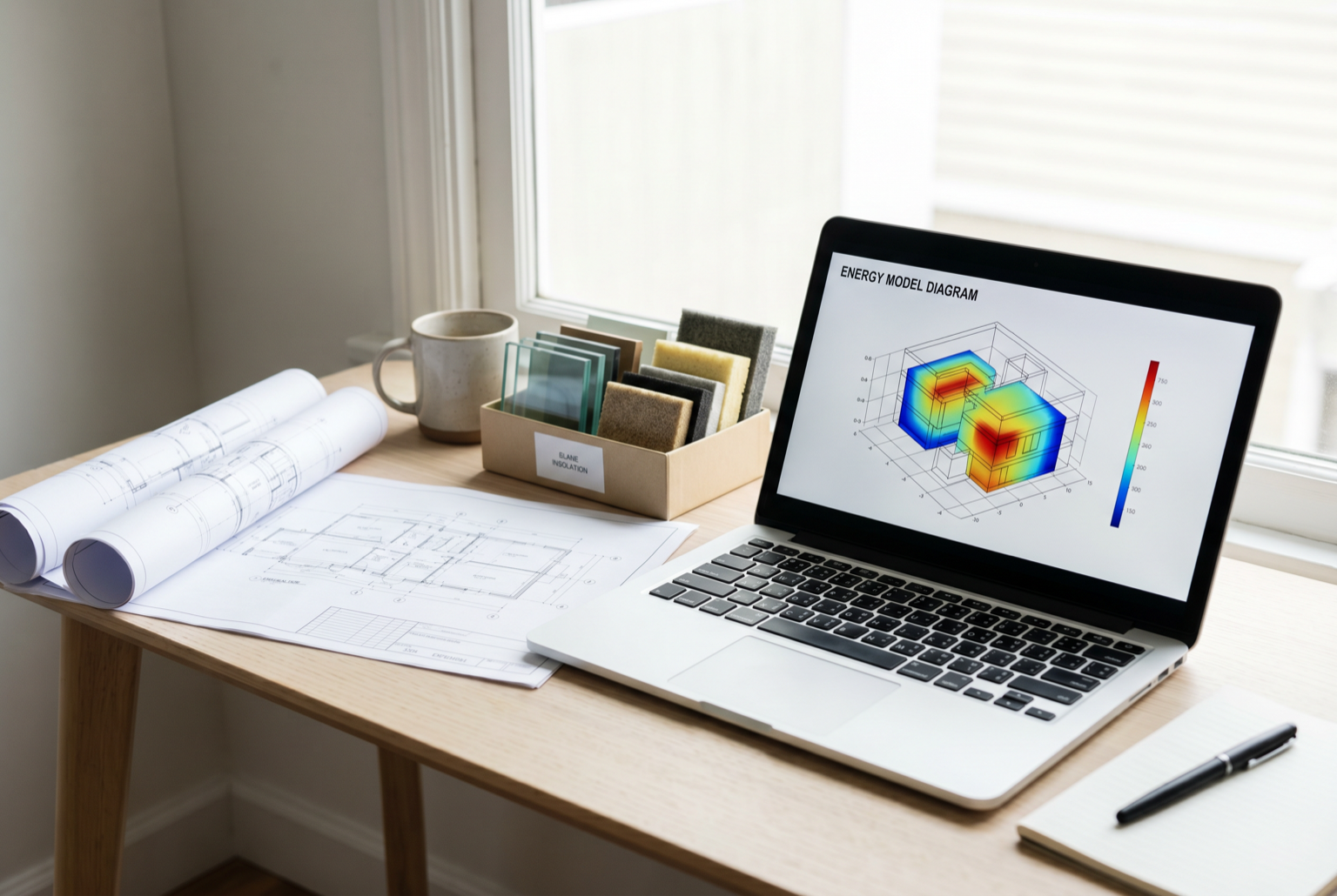 Laptop showing a building energy model beside building plans and glazing and insulation samples