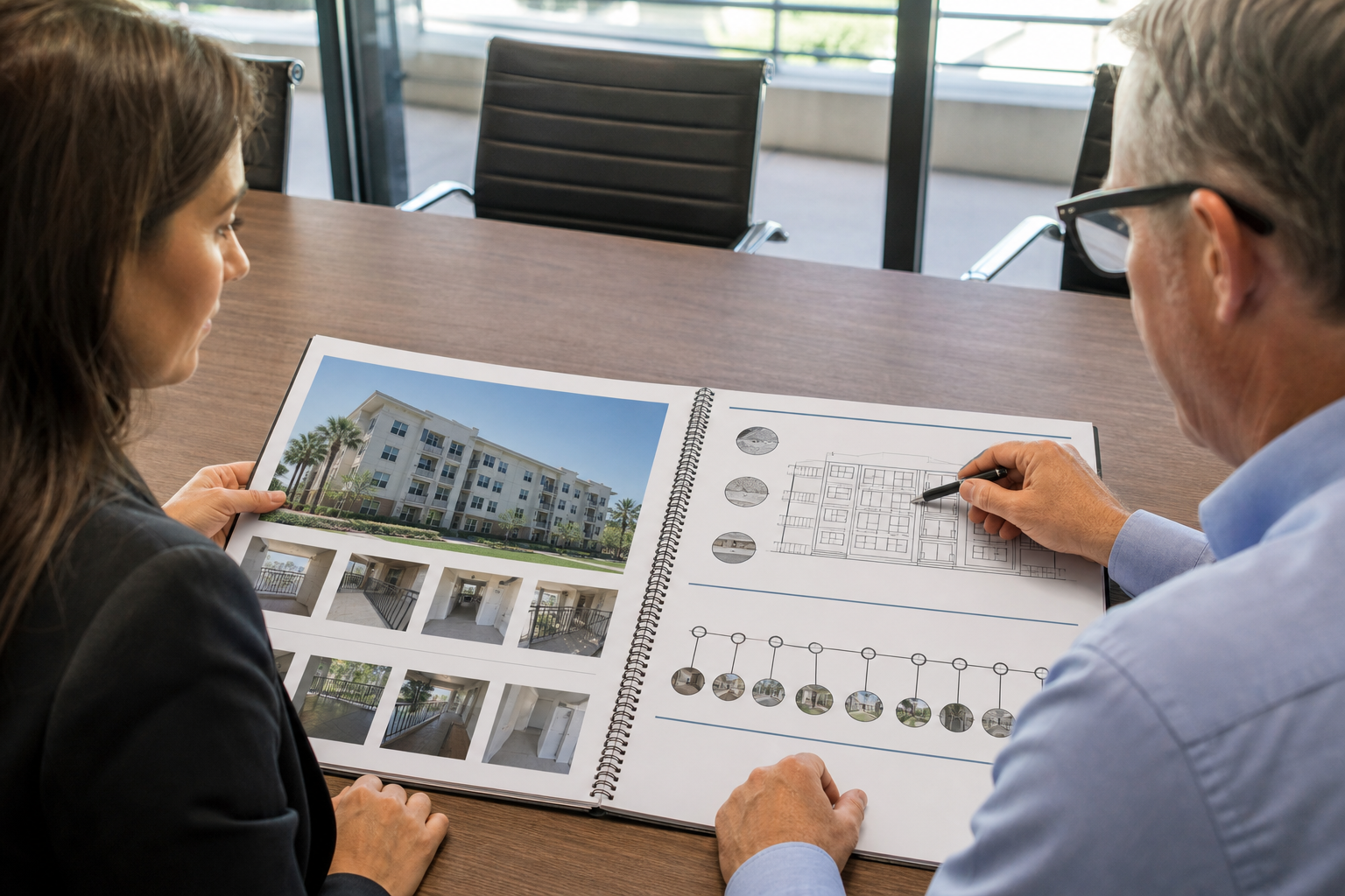 Property manager and Professional Engineer reviewing an exterior elevated element inspection report