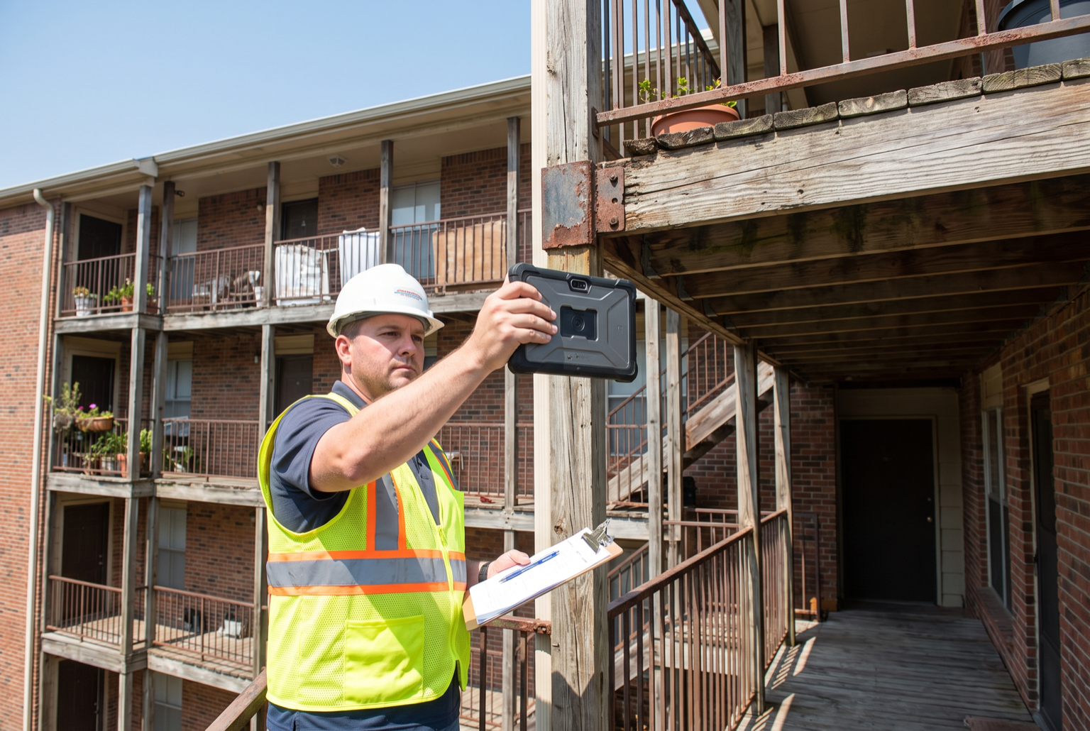 Inspector on an apartment walkway photographing and documenting balcony and railing conditions