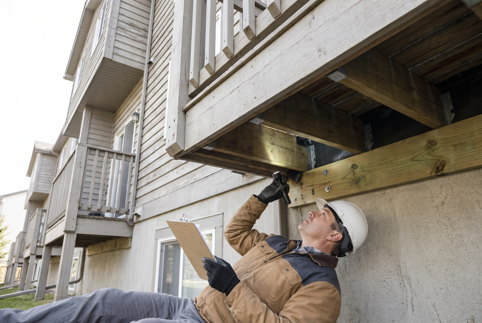 Inspector with a flashlight examining the ledger connection under a multi-unit building balcony