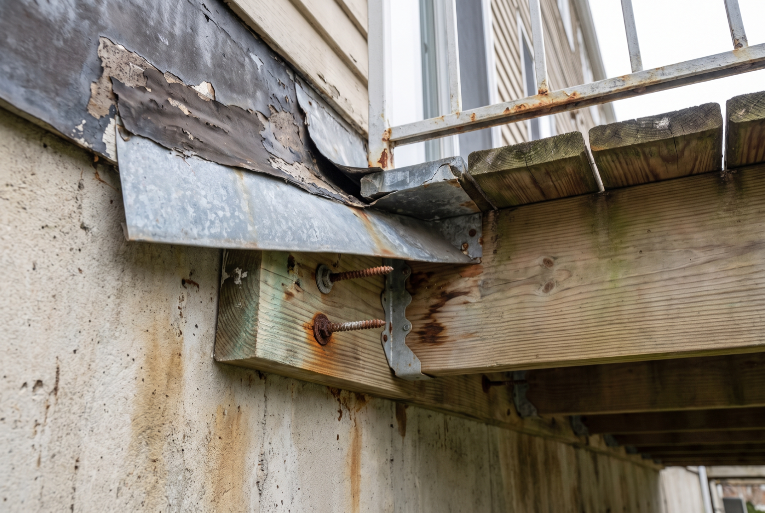 Close-up of a weathered balcony ledger connection with lag bolts, a joist hanger, and failing flashing
