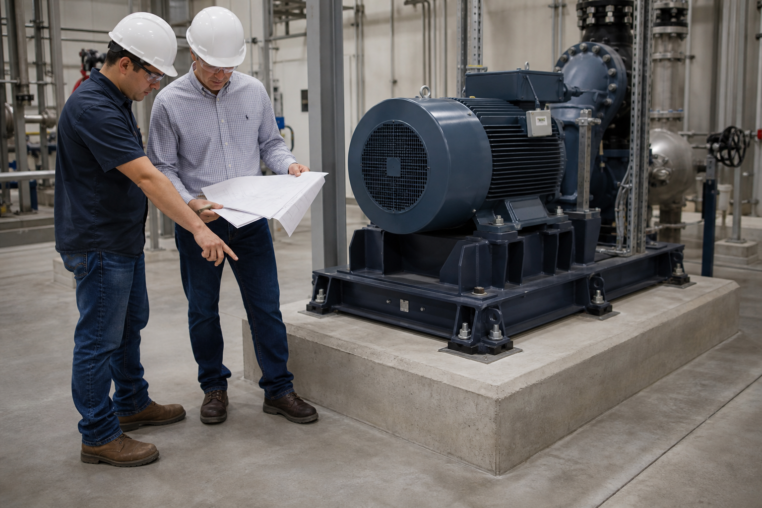 Project professionals reviewing the base and anchorage of industrial equipment