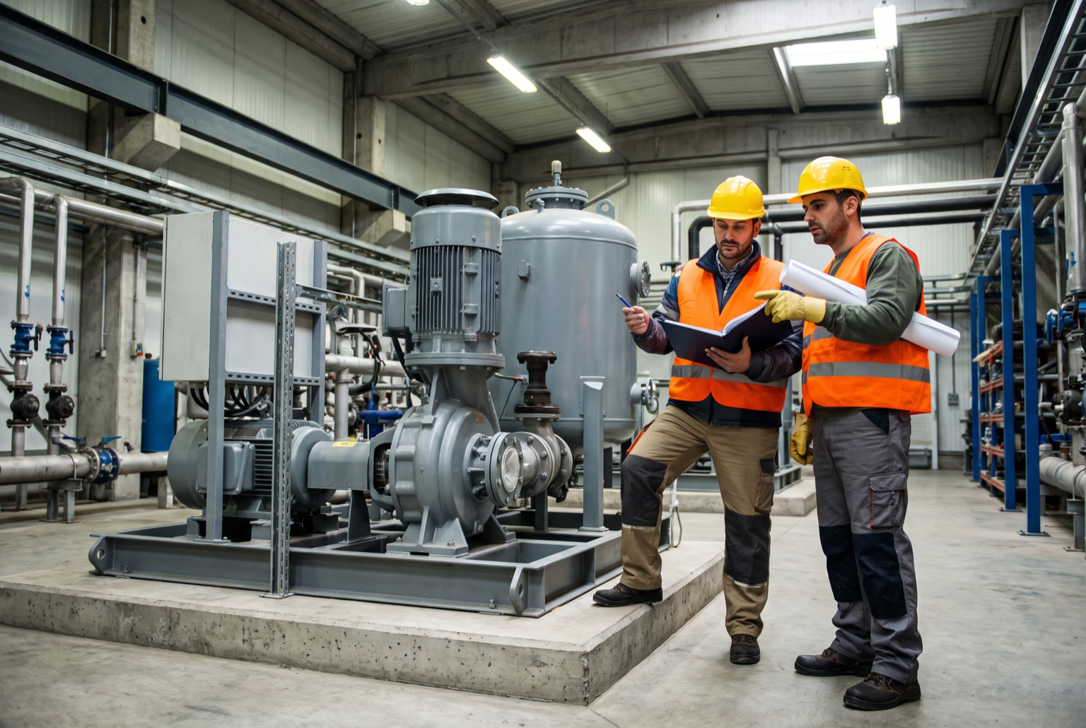 Two professionals in hard hats reviewing equipment data beside process equipment on a concrete pad