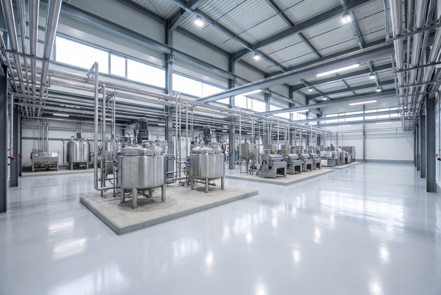 Completed industrial facility with process equipment and tanks on foundations and overhead pipe racks