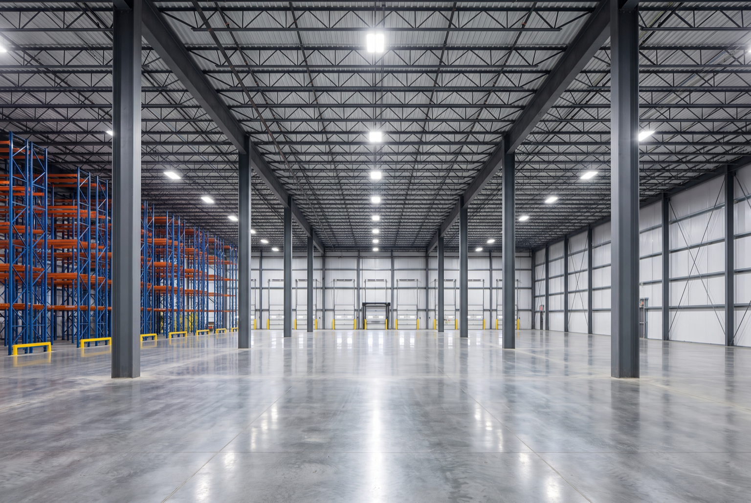 Warehouse interior with tall steel columns, roof joists, storage racking, and a broad concrete slab