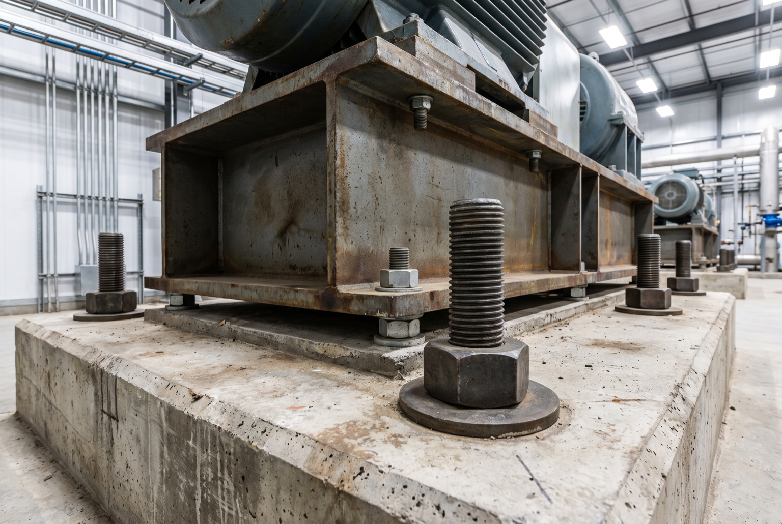 Anchor bolts and a steel base frame securing heavy equipment to a concrete foundation