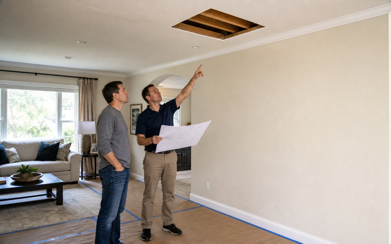 Professional Engineer and homeowner reviewing exposed ceiling joists beside a proposed wall opening