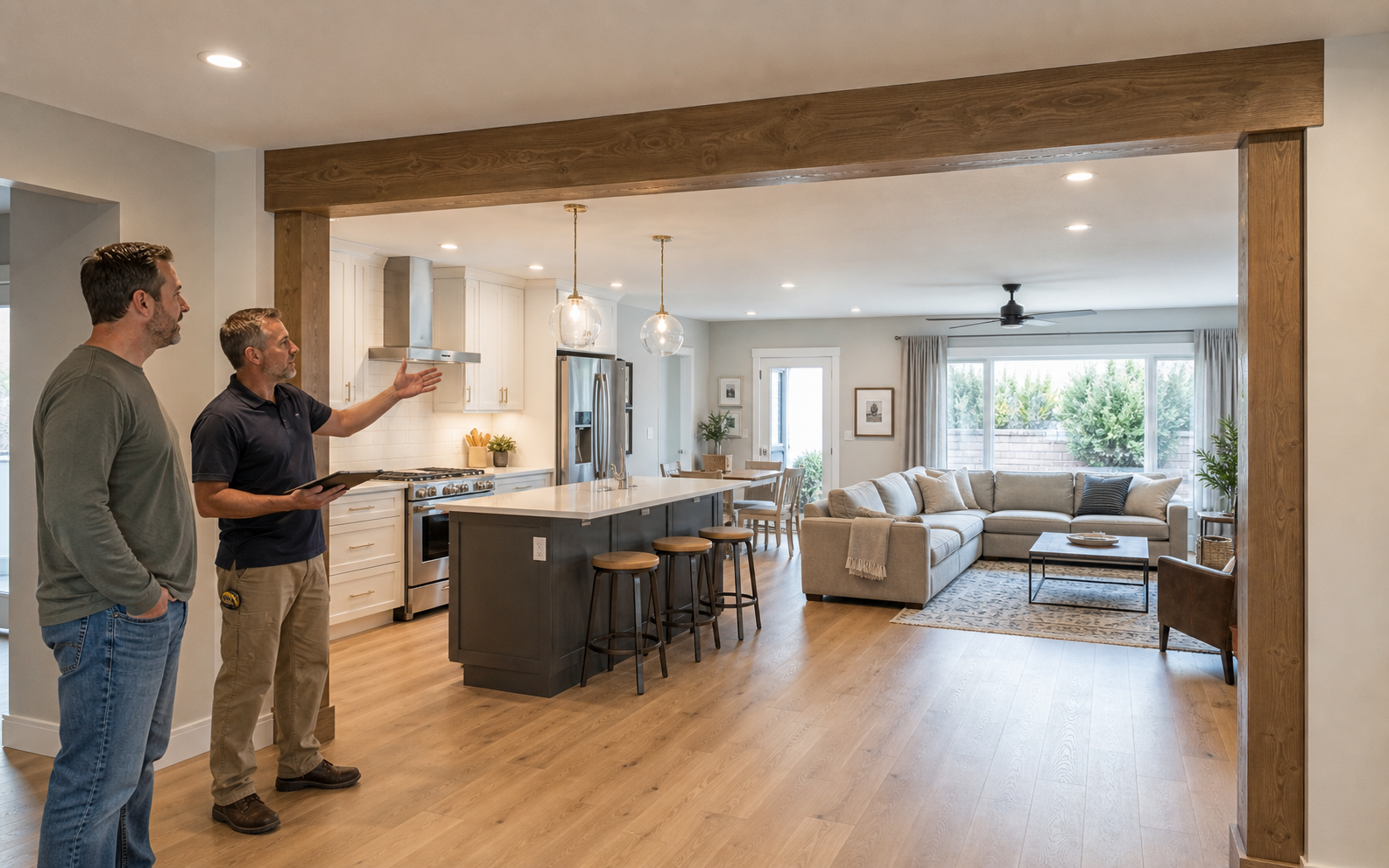 Homeowner and contractor reviewing a completed kitchen and living room opening supported by a beam and posts
