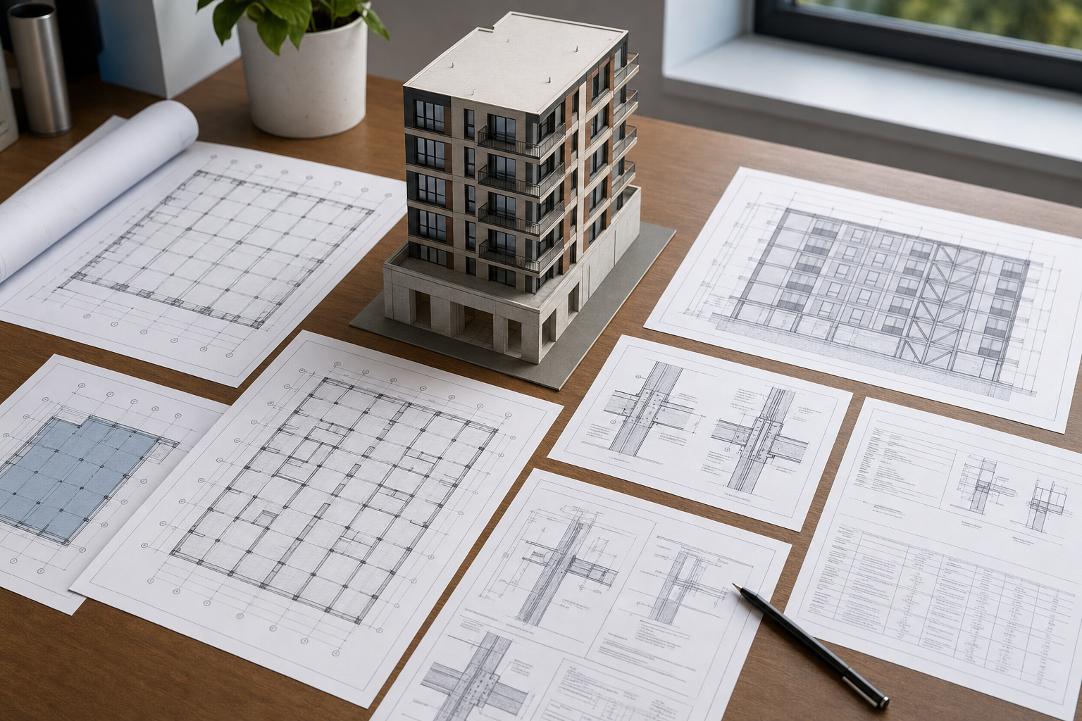 Five-story mid-rise building model surrounded by coordinated structural plans and details
