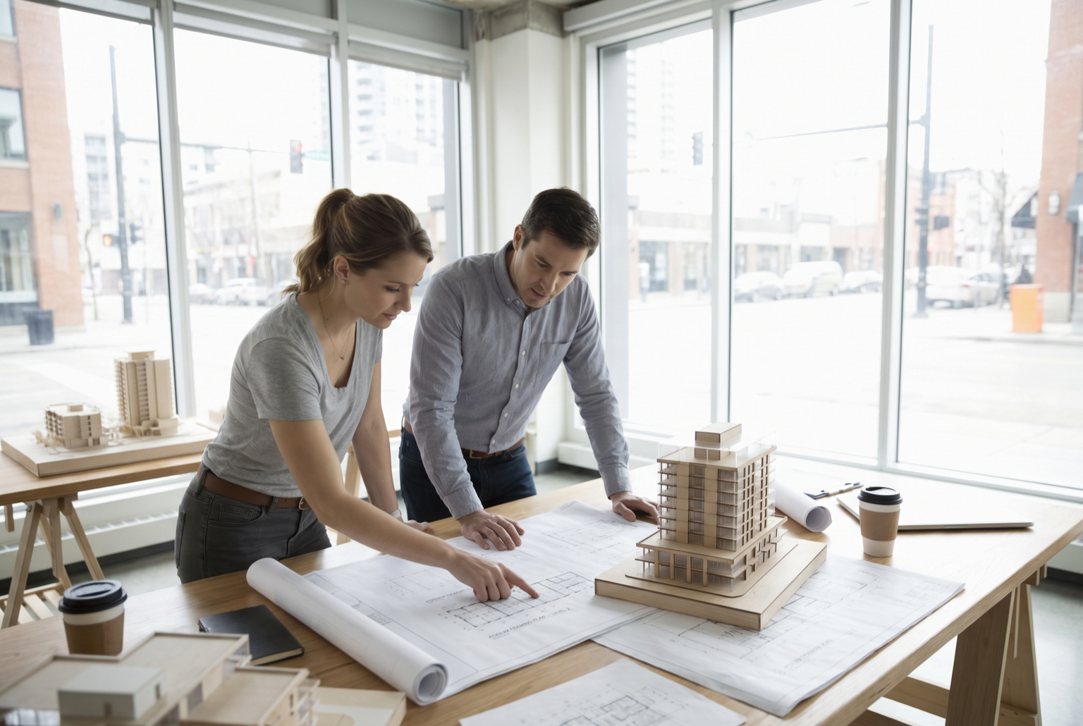 Two professionals reviewing a mid-rise framing plan and a podium massing model in a design office